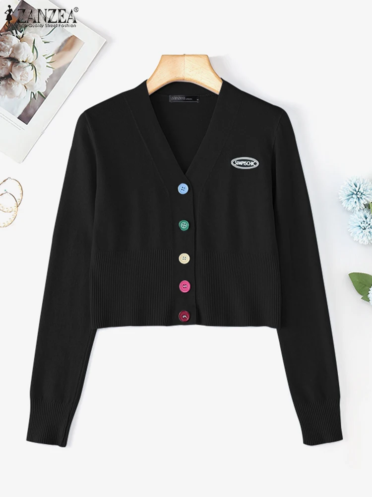 

2025 ZANZEA Stylish Autumn Long Sleeve Slim Fit Sweaters Women V Neck Pullovers Jumper Colorful Buttons Up Sweater Streetwear