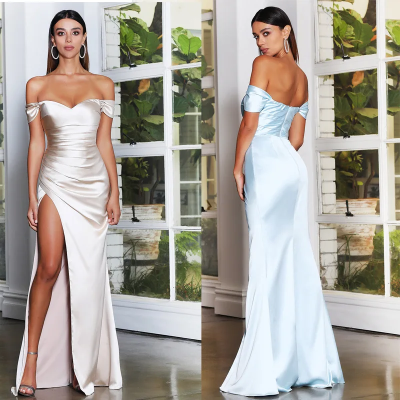 Off Shoulder Bridesmaid Dresses Women V-Neck Zipper Slit Sexy Tight Cocktail Dress Simple Elegant  Modern Club Party Gown