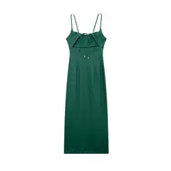 Tangada 2024 Summer Women Green Strap Cotton Linen Dress Female Vintage Long Dress 3h0647