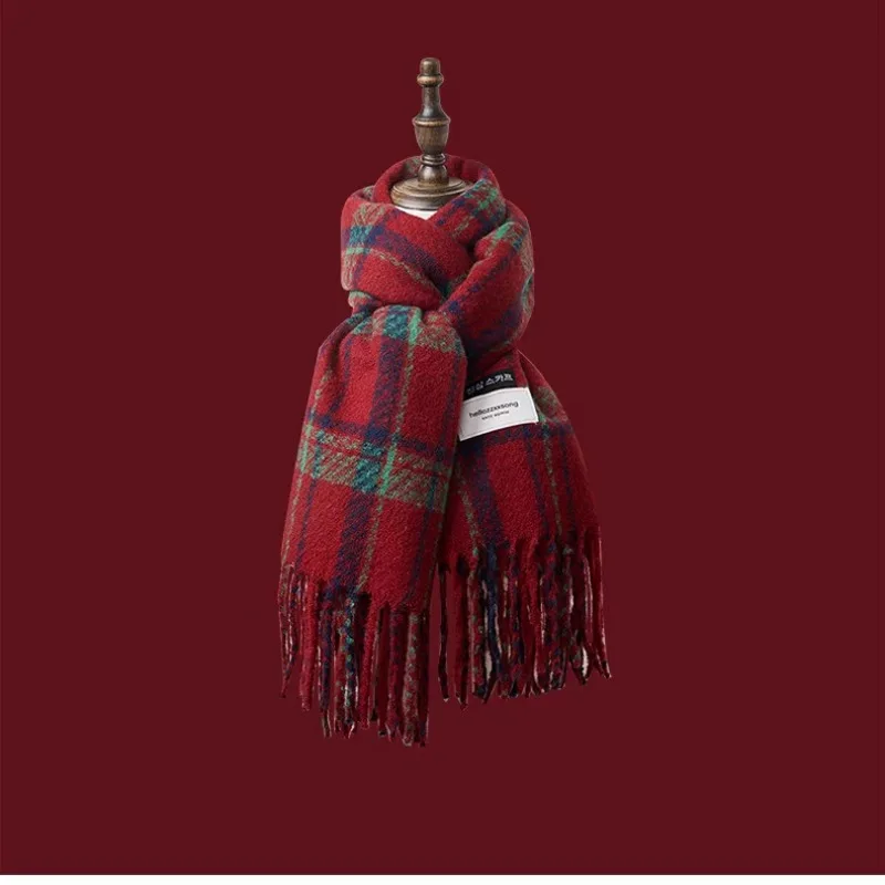 Winter Classic Red Checkered Scarf Shawl Imitation Cashmere Christmas Red Gift Scarf for Women, Thickened and Warm