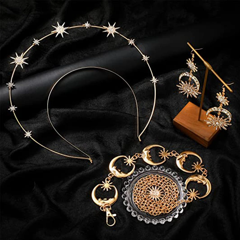 3 Pieces Halo Crown Earrings for Women Belt Chain Set Stars Crown Drop Earrings Moon Star Body Chain Belt