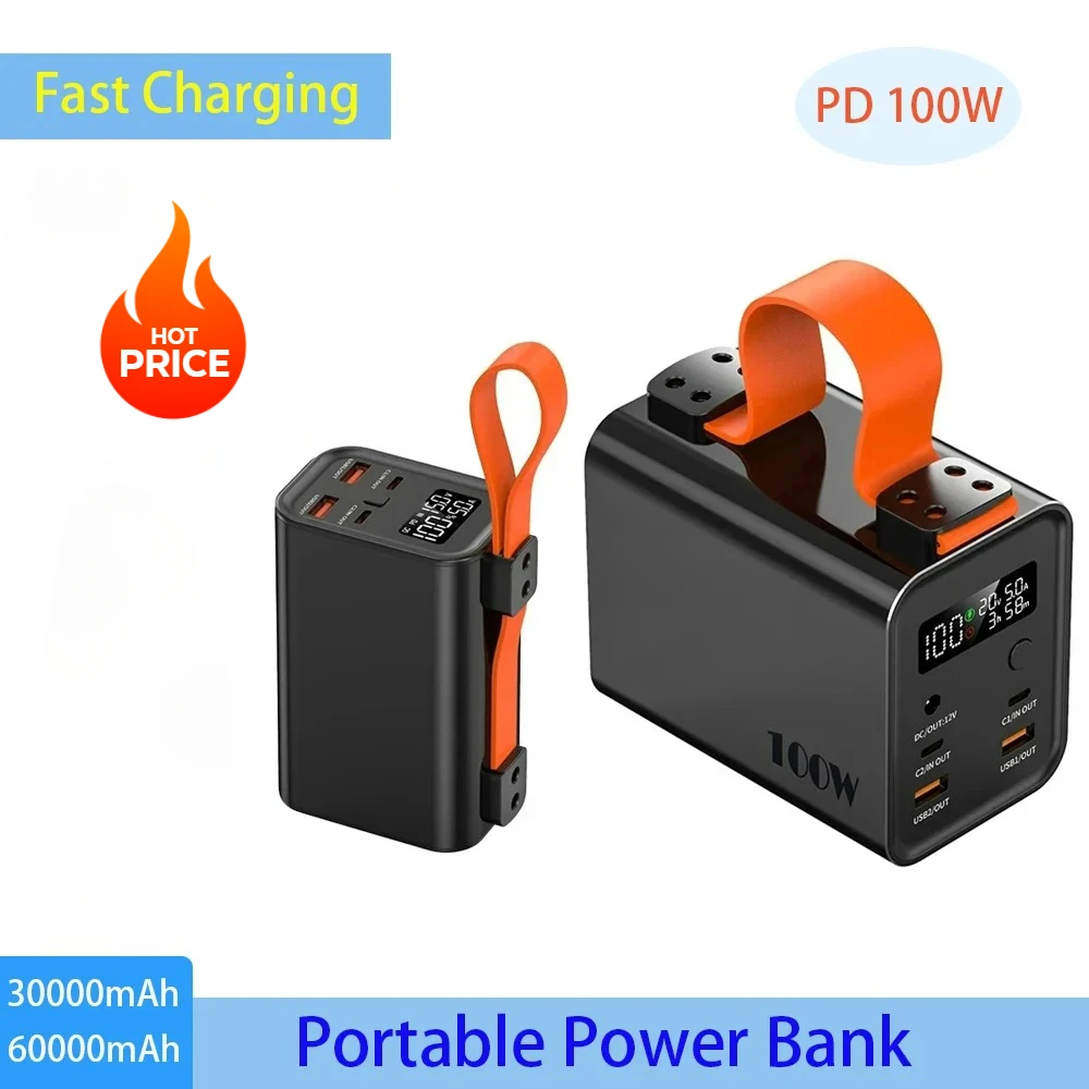 PD 100W 30000mAh 60000mAh Power Bank Station Outdoor Energy Portable Power Bank Solar Generator For Camping Phone Fast Charge