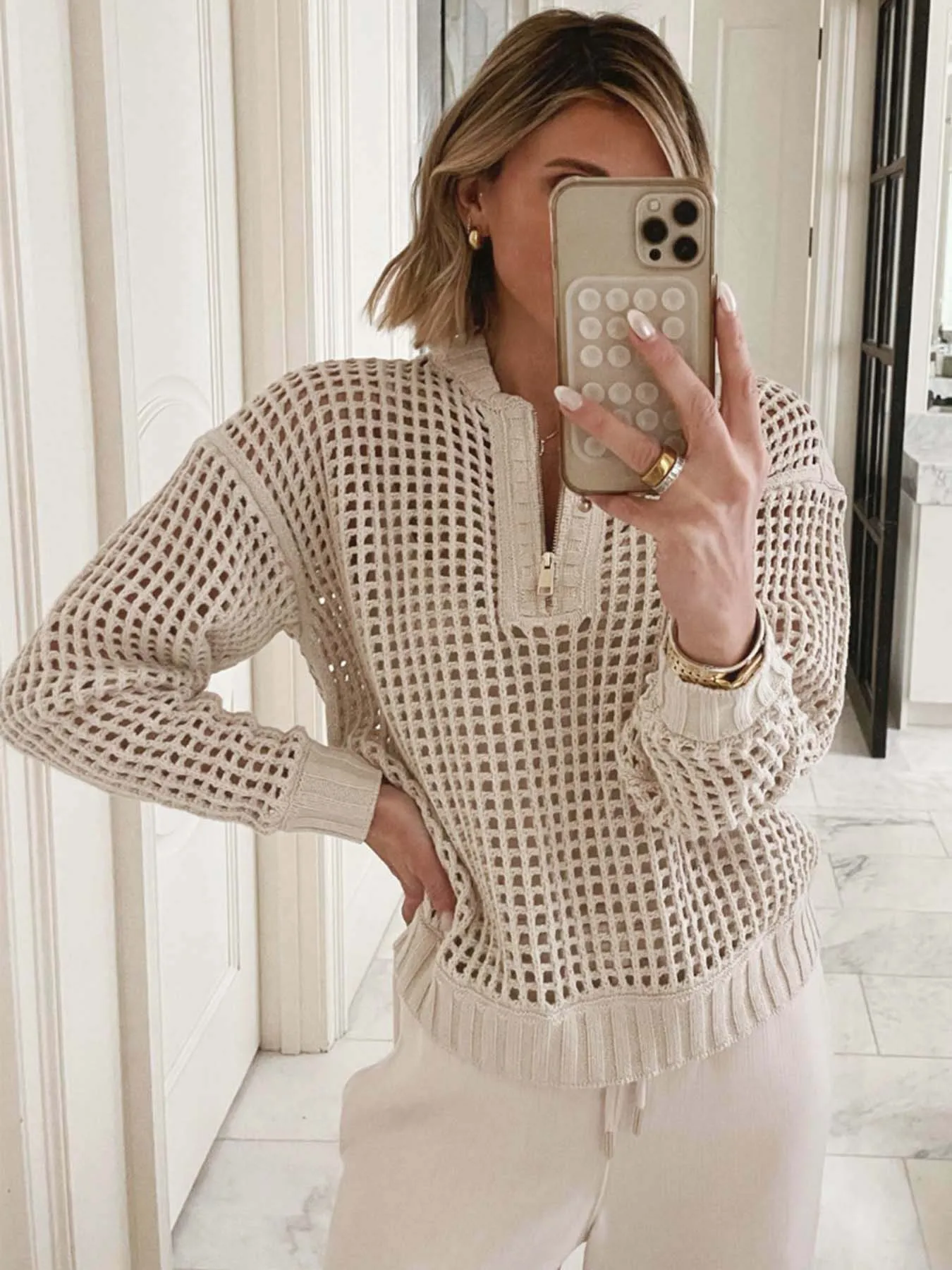 

Hollow Out Women's Top Spring Autumn Solid Color Zipper Half Open Hoodie Loose Fashion Round Neck Knitted Long Sleeve Sweater