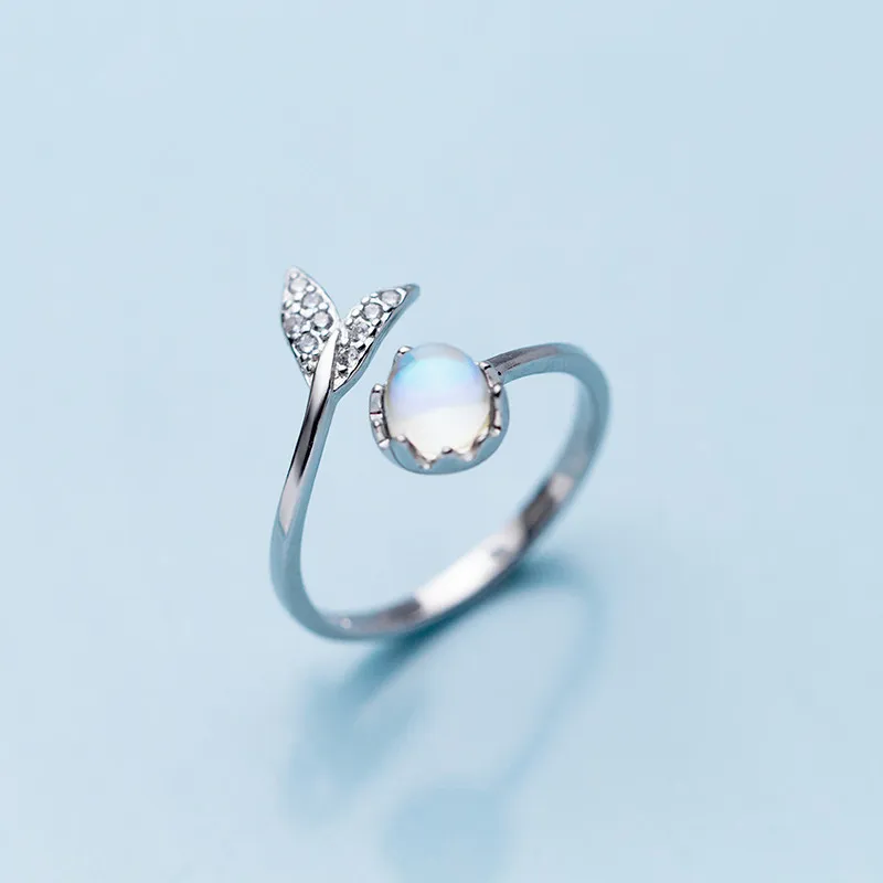 925 Sterling Silver Moonstone Fish Tail Women's Wedding Ring Luxury Jewelry Birthday Gift Accessories Jewellery Prevent Allergy