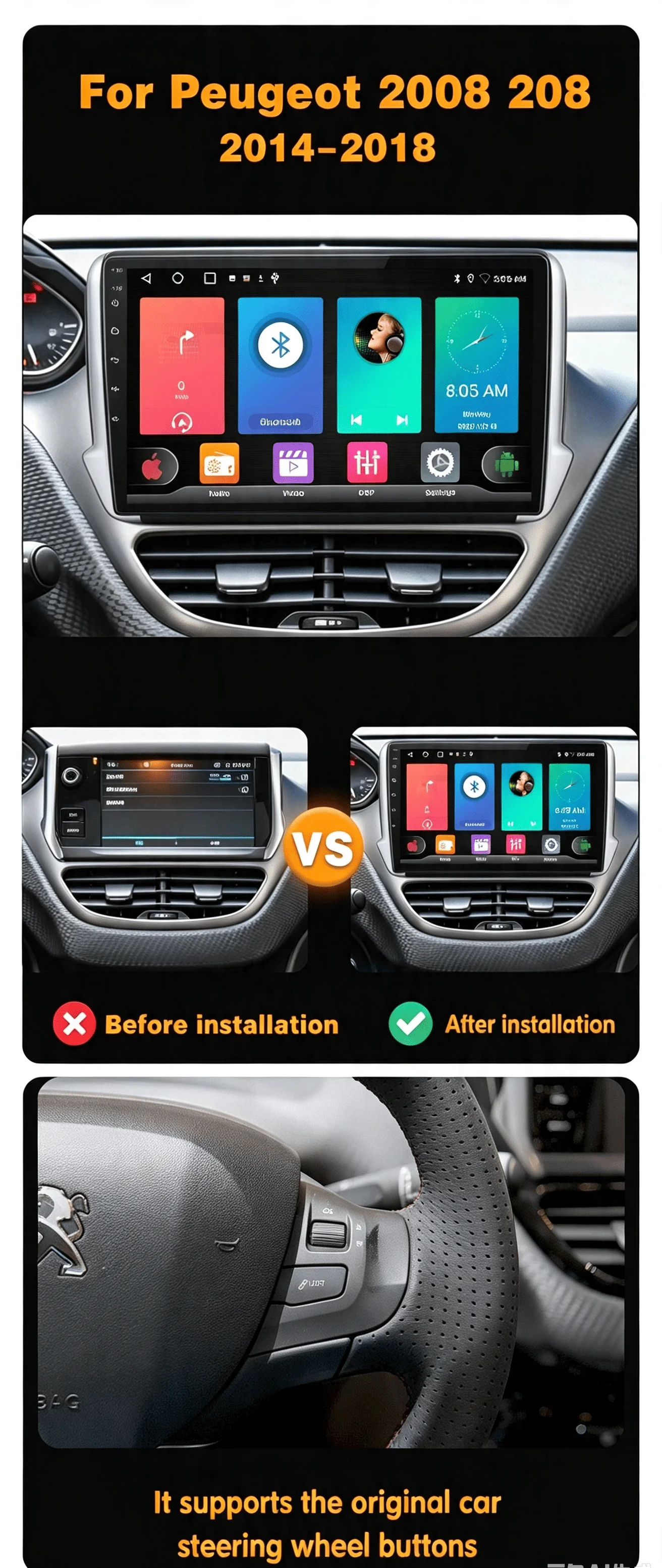  For Peugeot 2008 208 2014 2015-2018 Android 16 Car Radio Wireless CarPlay Auto Multimedia Player Navigation GPS 2din Auto radio