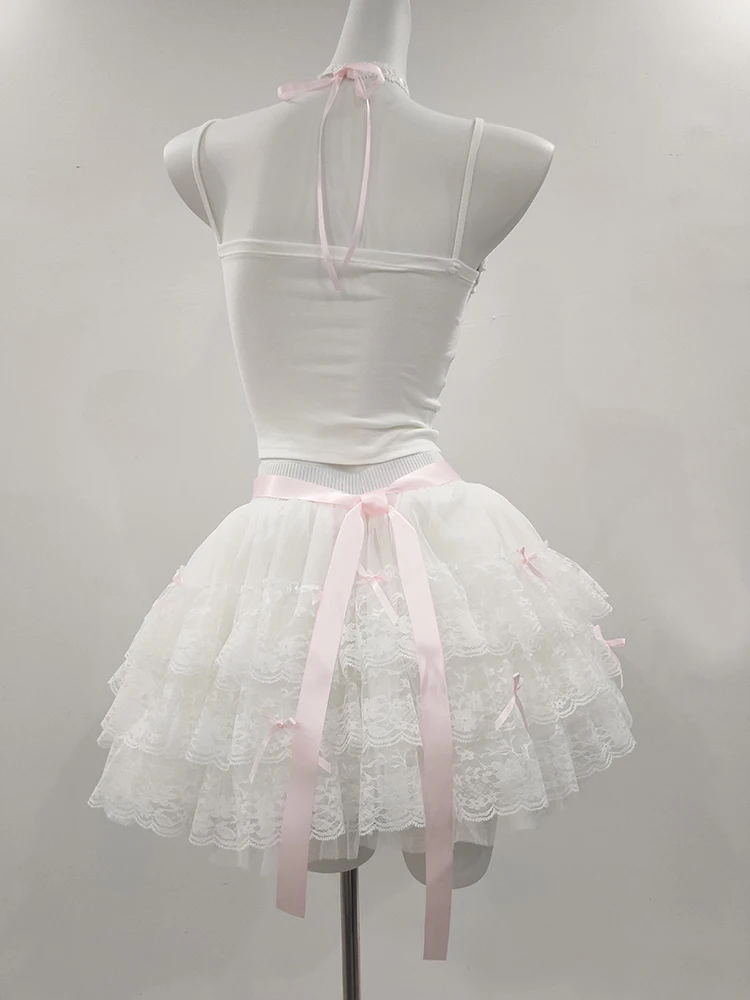 Saias de renda fofas para meninas doces, fitas, decoração de arcos, cintura elástica, estilo Lolita, saia multi-camadas, roupas kawaii