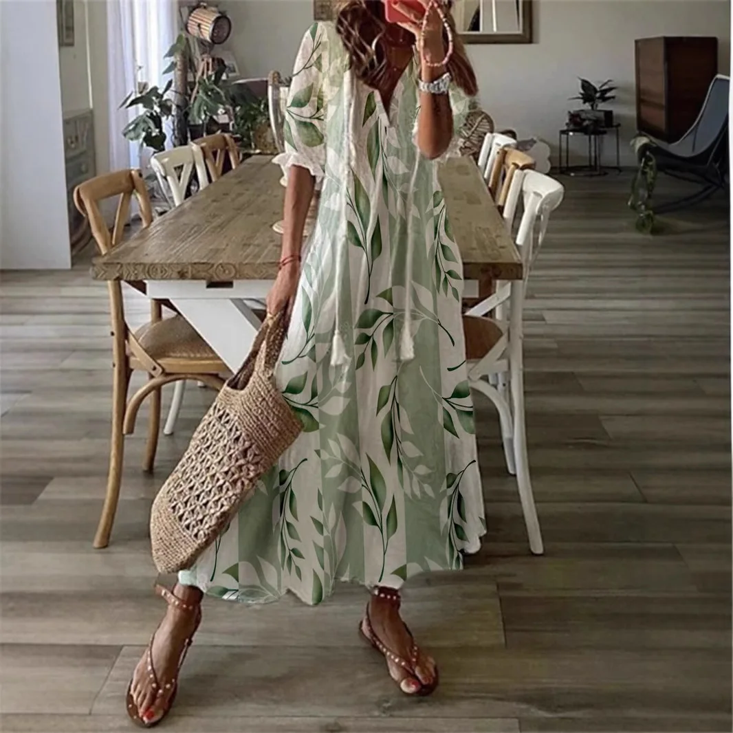 

Printed short-sleeved dress with irregular lace, women's long dress, fashionable, simple and elegant temperament, high-end vacat