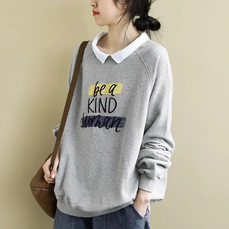 

Women's Autumn and Winter New Fashion Elegant Solid Letter Round Neck Pullover Casual Long Sleeve Loose T-shirt Tops