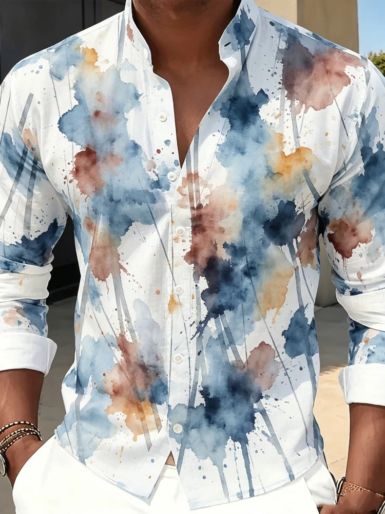 

Mens Slim Fit Watercolor Shirt Long Sleeve Plus Size Abstract Ink Splash Print Urban Streetwear Artistic Top