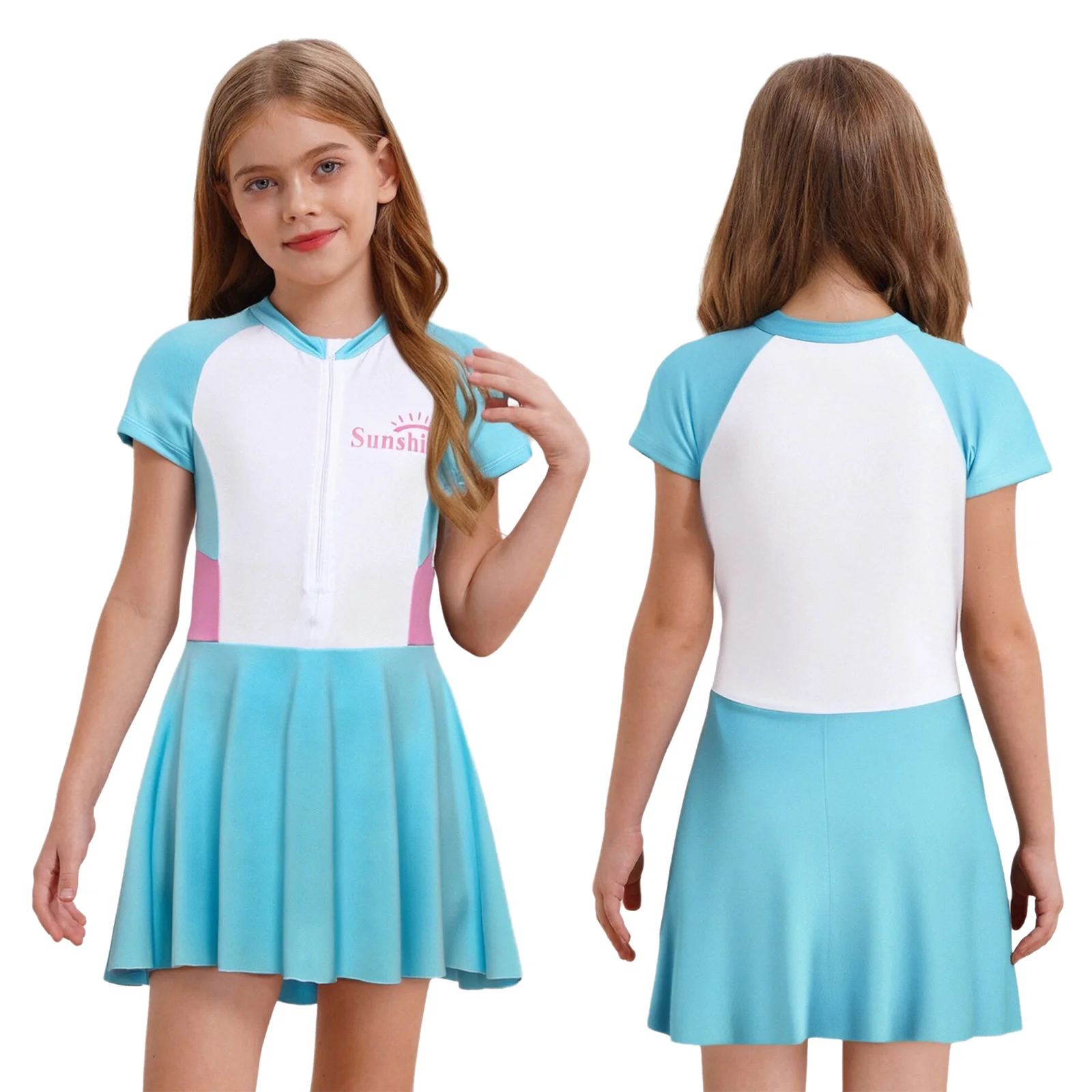 

Kids Girls One Piece Swimsuit Swim Sets Chest Pads Front Zipper Swim Dress with Safety Shorts Beachwear Swimwear Bathing Suit