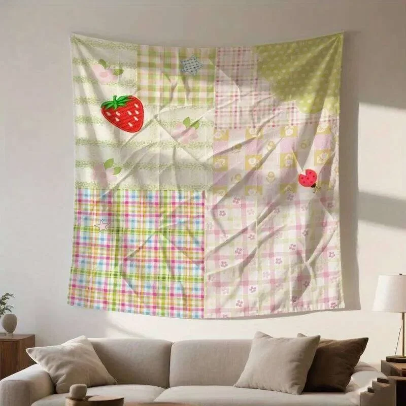 VIKAMA Bohemian Rustic Patchwork Tapestry Strawberry Plaid Polka Dot Living Sofa Accent Wall Instagram-Style Room Decor 26Y0610