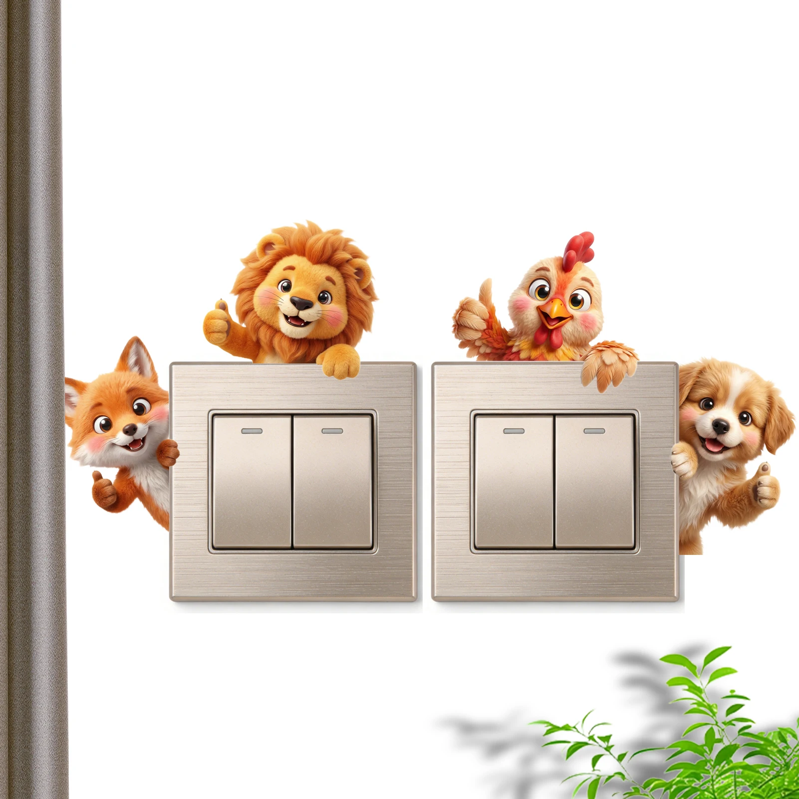 Autocollant mural imperméable pour interrupteur, motifs animaux de dessin animé mignons (Lion, Coq, Renard, Chien) pour la décoration de la maison, des interrupteurs et des réfrigérateurs