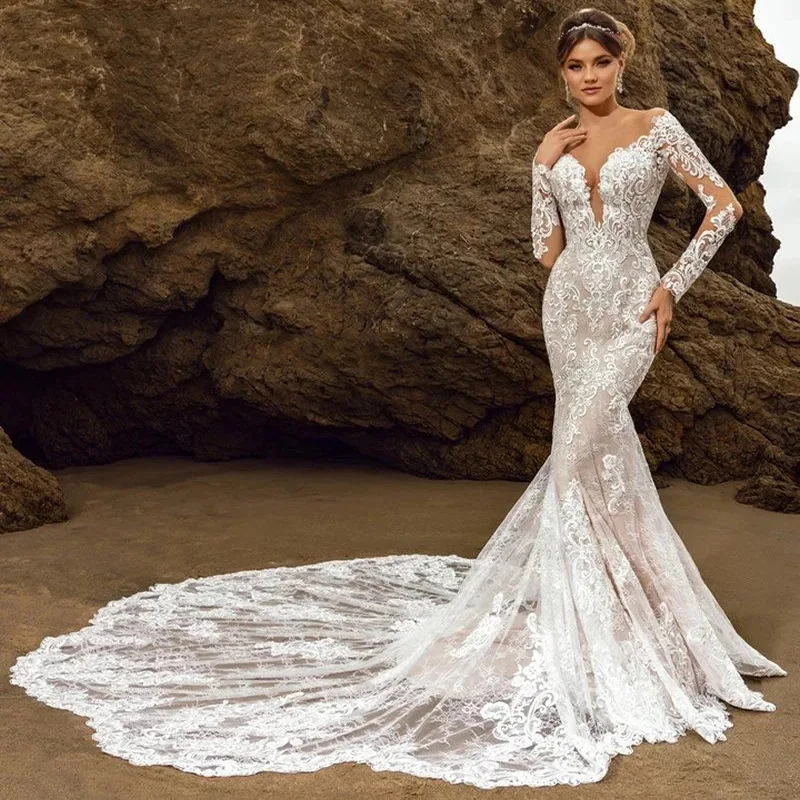 

Wedding dress 2025 summer new line shoulder wedding dress big swing missing back lace train wedding dress