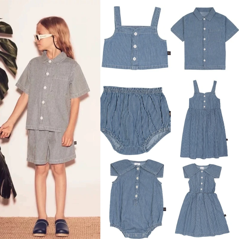 

Детский ковбойский костюм: рубашка с коротким рукавом для мальчика, джинсовые шорты, комбинезон для малышей, полосатое платье для девочки