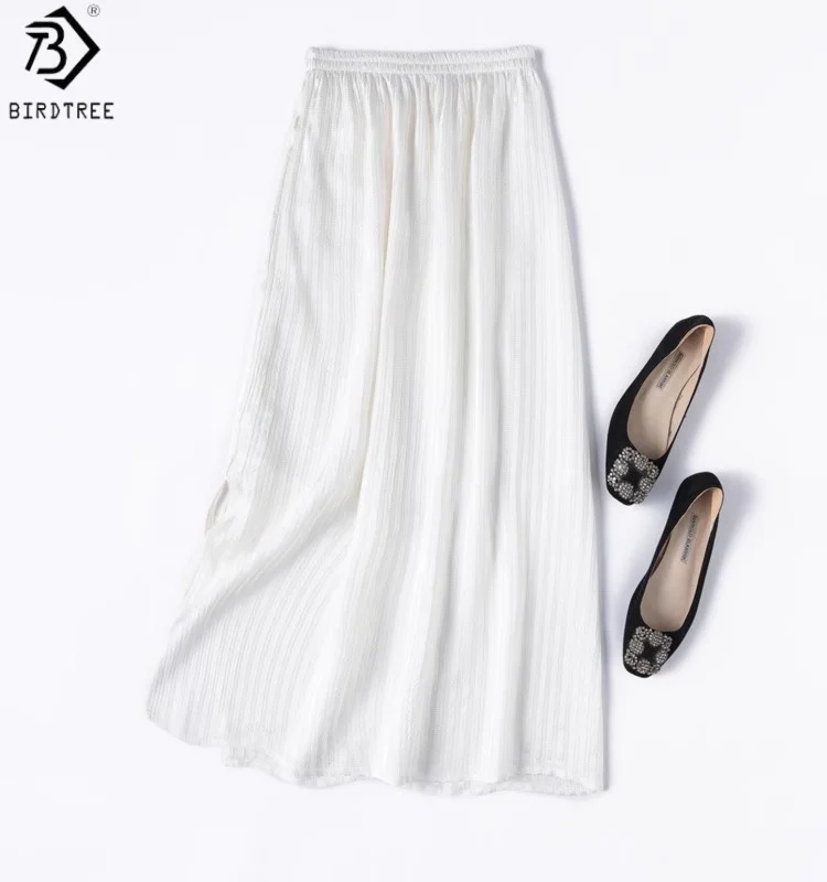 

Birdtree Юбка из 100% тутового шелка с боковым разрезом, женские жемчужные атласные эластичные талии Элегантные однотонные двухслойные прямые платья D56703JF