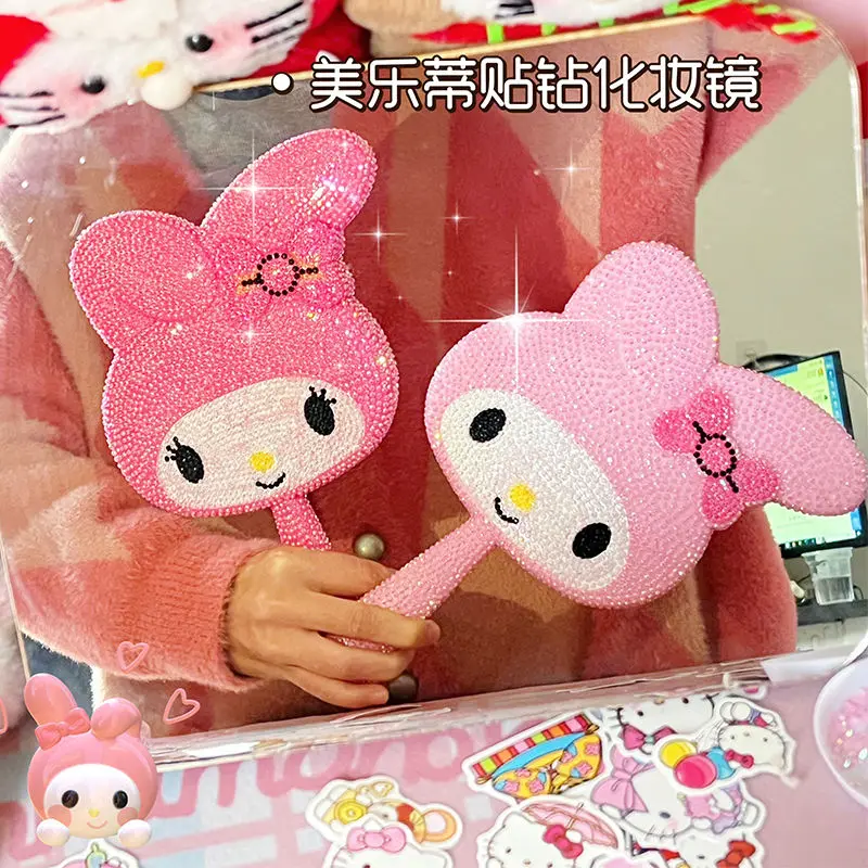 Sanrio Melody Kawaii Handle Mirror Cartoon Y2K DIY Diamond Stickers For Besties And Girlfriends Birthday Gifts Makeup Mirror