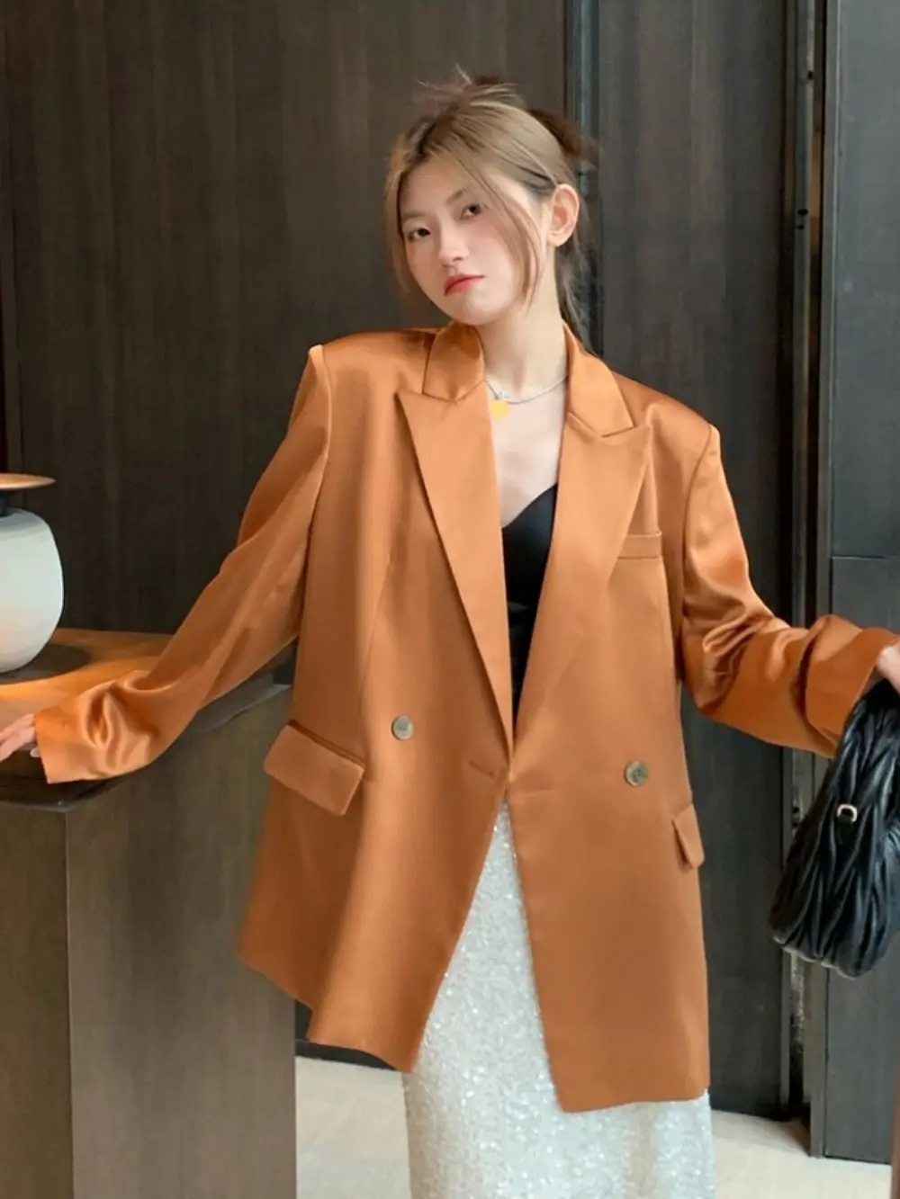 Straight Vintage Loose Blazers For Women Lapel Long Sleeve Double Breasted Solid Jacket Female Casual High Street пиджак женский