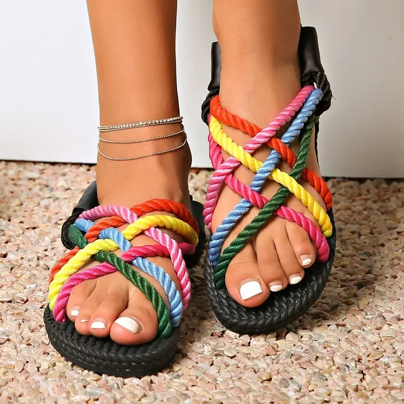 Daily Ladies Shoes 2025 Brand Peep Toe Women's Sandals Fashion Narrow Band Sandals Women New Plus Size Mixed Colors Flat Sandals