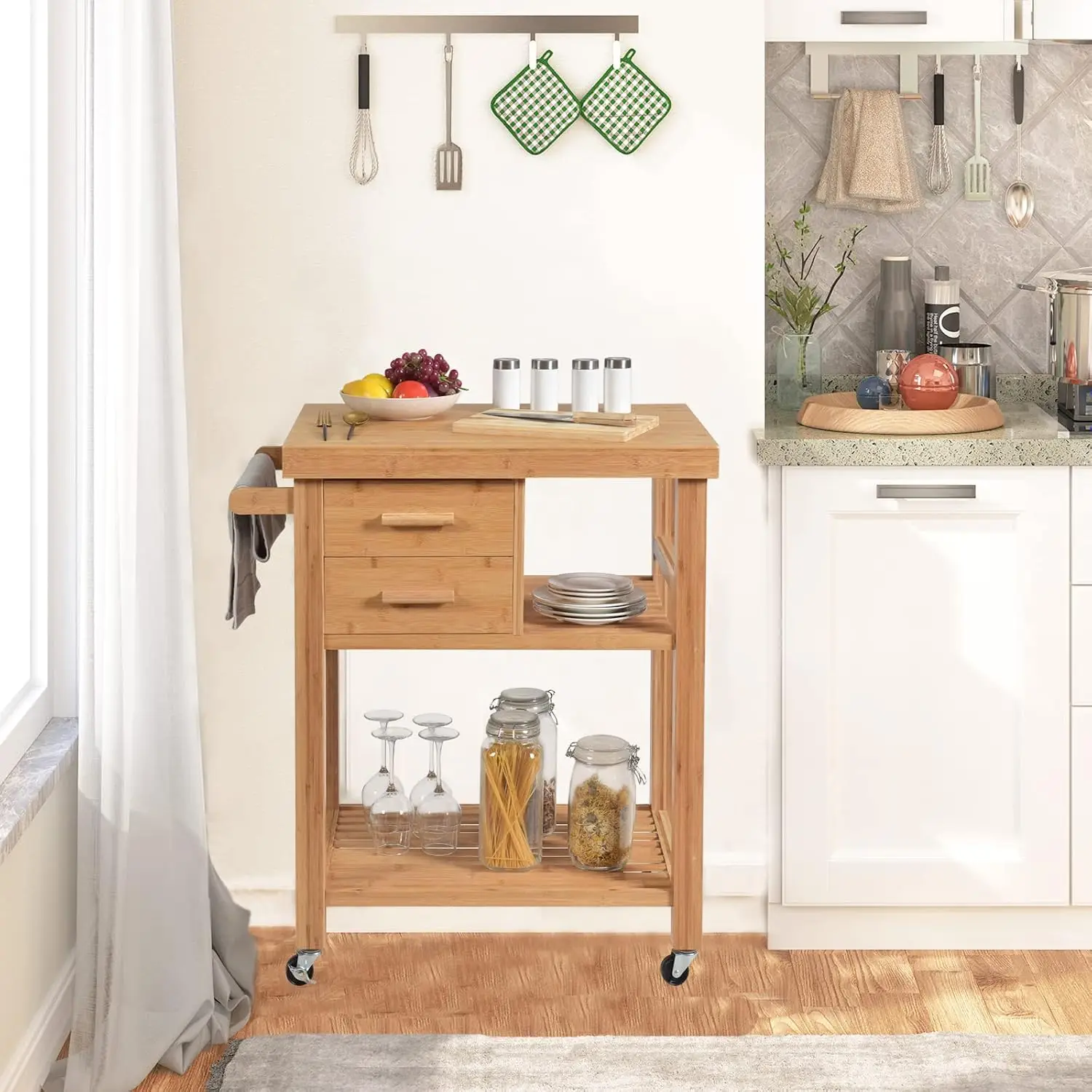 Bamboo Kitchen Island w/ 2 Drawers & Open Shelf, Lockable Rolling Cart w/ Towel Rack, Wood Butcher Block for Kitchen, Customized