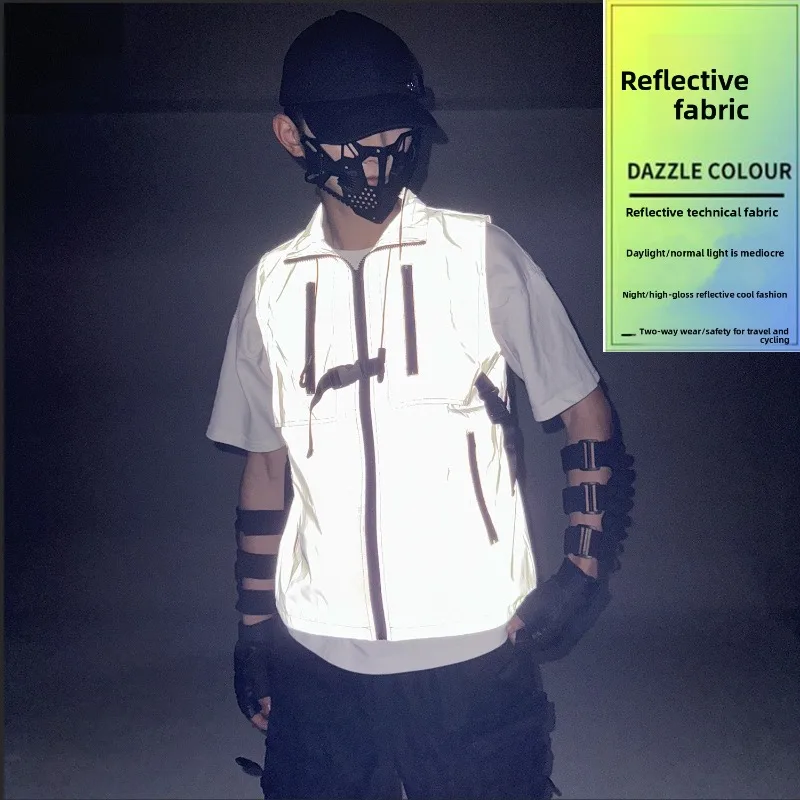 전술 반사 조끼 유틸리티 하네스 후드 아웃도어 워킹 조끼 테크웨어 스포츠 사이클링 레이어링 기어 가시성 슬리브리스