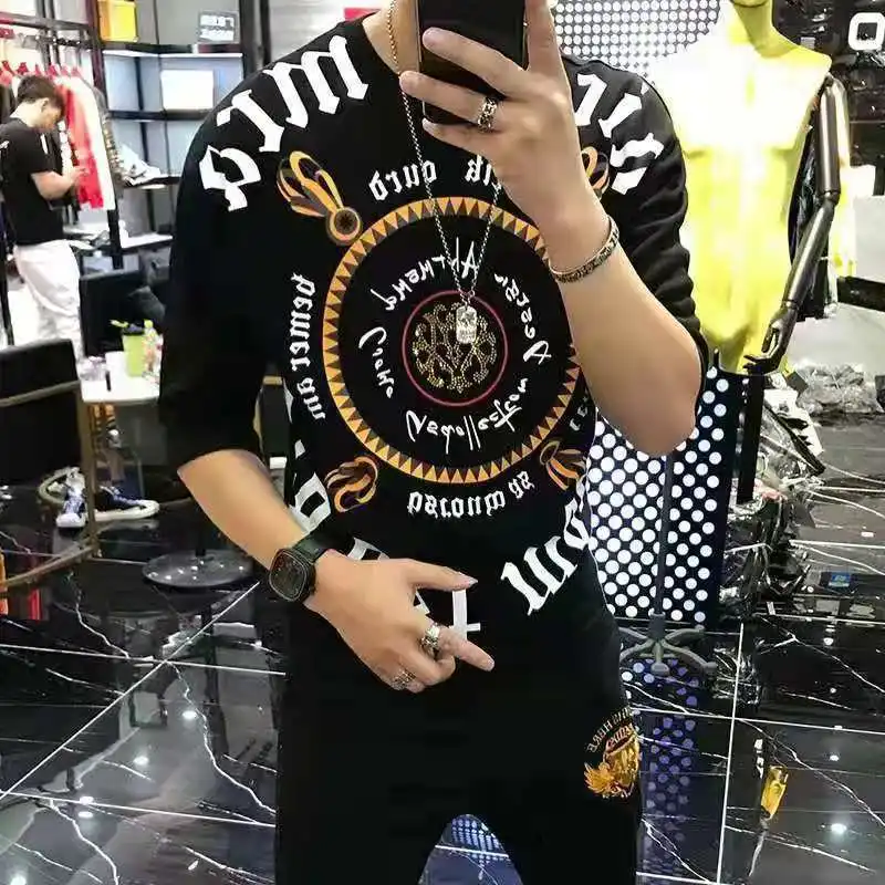 Fashion O-Neck Diamonds Letter Printed T-Shirt Men\'s Clothing 2023 Summer New Oversized Casual Pullovers Loose Korean Tee Shirt