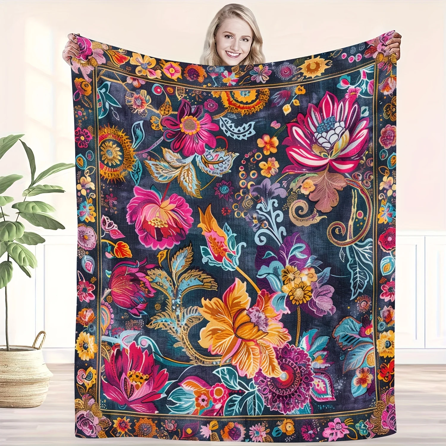 Manta suave con estampado floral bohemio, estilo vintage, para todas las estaciones, impresión digital, para siesta en el sofá, chal acogedor