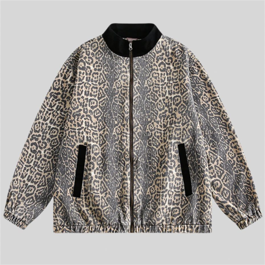 Retro Leopard Jacket Men Streetwear Patchwork Washed Jacket Coat Men Hip Hop Y2K Oversized Harajuku Stand Collar Unisex Jackets