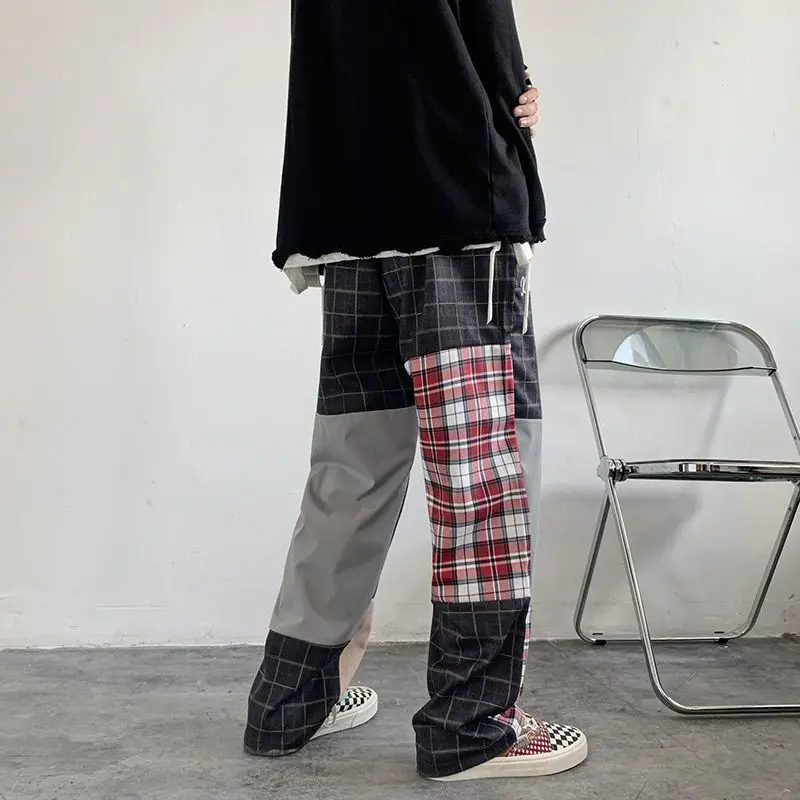 Spliced Patchwork Plaid Men's Pants Y2C Kpop Ins Chic Loser Singer Dance Pants Sexy Club Wide Leg Straight Male Boy Pring Pants