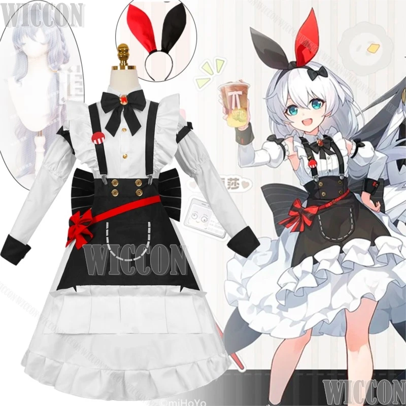 Theresa jogo apocalipse honkai impacto 3 cosplay traje peruca branca feminino menina lolita vestido de empregada kfc holloween roleplay personalizado