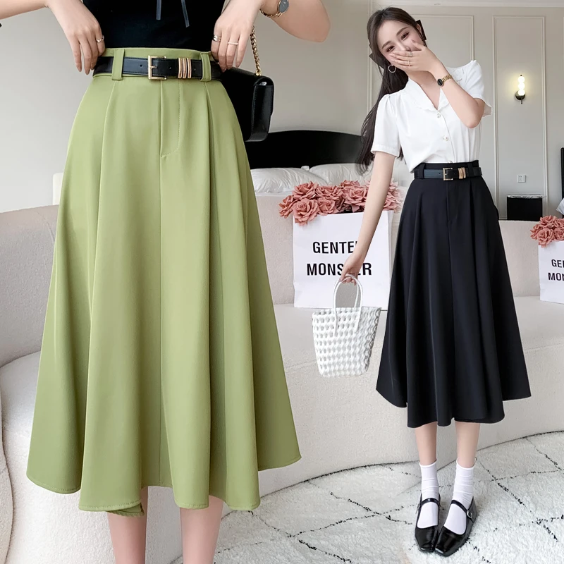 2023 Summer Women Skirt  Korean Fashion Clothing Vintage Long Skirts for Women High Waisted Pleated Skirt OL Belt Elegant Skirts