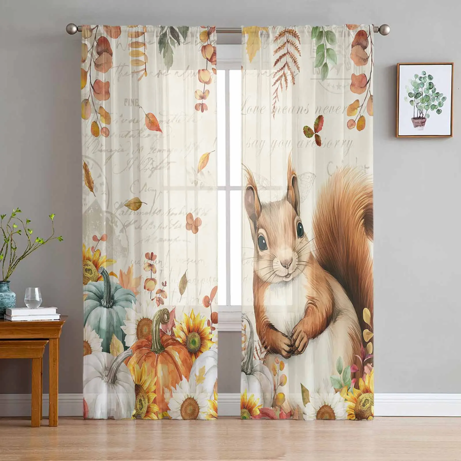 Thanksgiving Eucalyptus Leaf Pumpkin Sunflower Squirrel Sheer Curtains for Living Room Modern Tulle Curtain Bedroom Voile Drapes