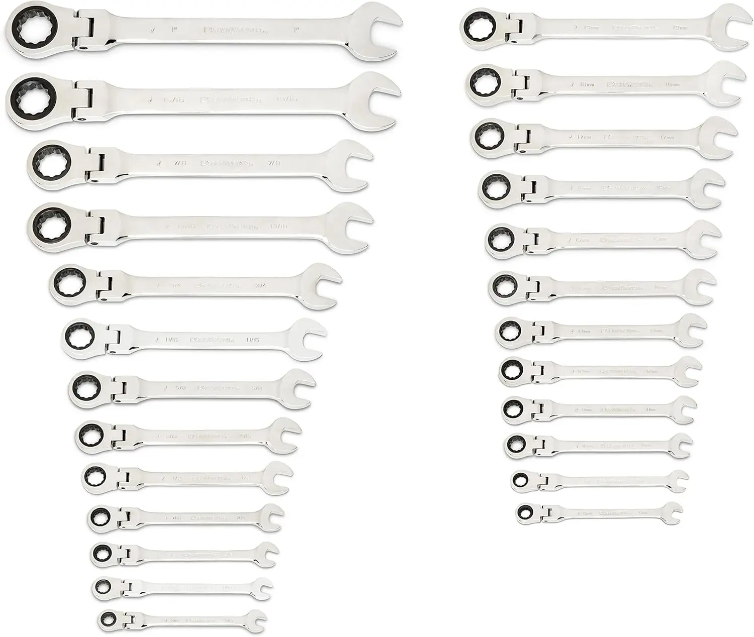 25-Pc. Flex Combination Ratcheting Wrench Set,SAE/MM,Size Conveniently Stamped On Both Ends Of The Beam For Quick Identification