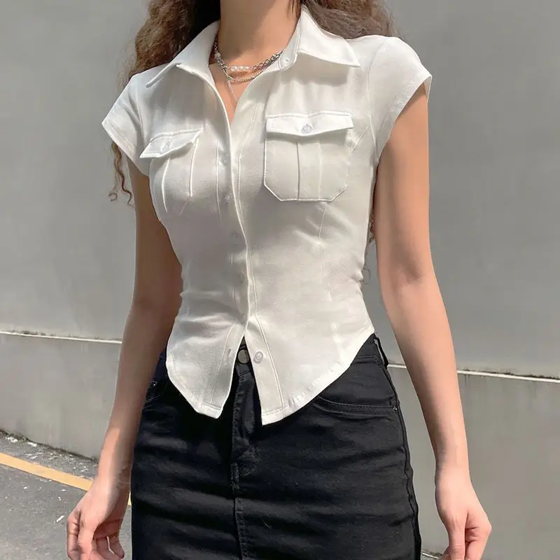 Skinny Uniform Short Sleeve Shirts Women Korean Turndown Collar Pockets White T-Shirt Slim Fit Single-Breasted OL Woman Clothes