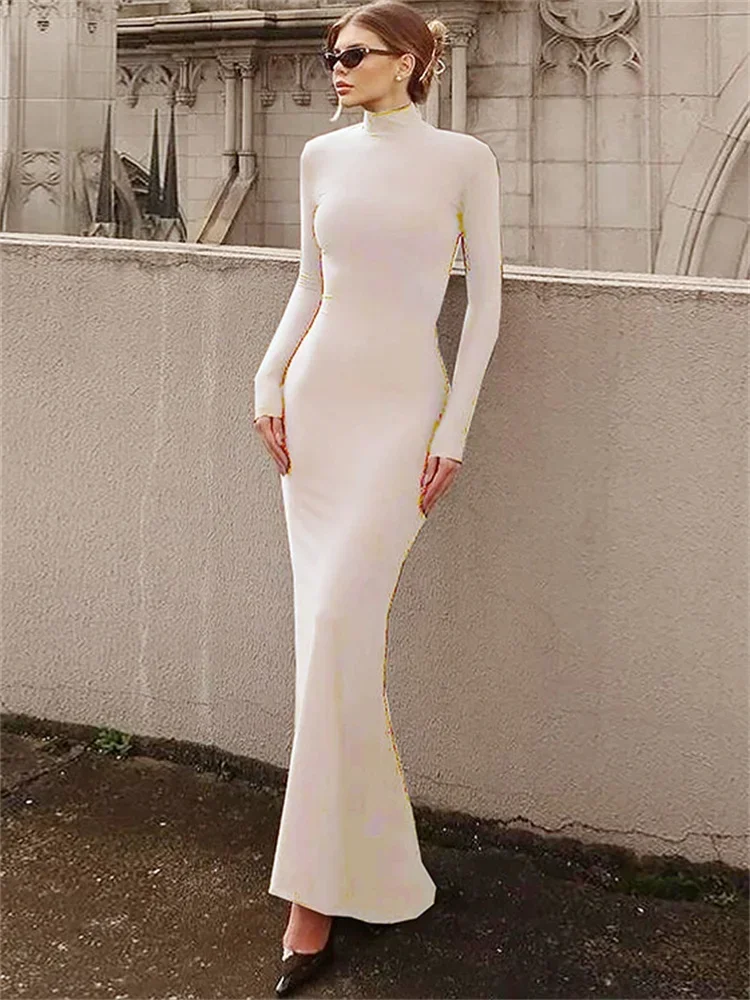 Skinny Turtleneck Backless Maxi Dress Women\'s Patchwork High Waist Solid Fashion Hollow Out Party Dress Female Long Dress