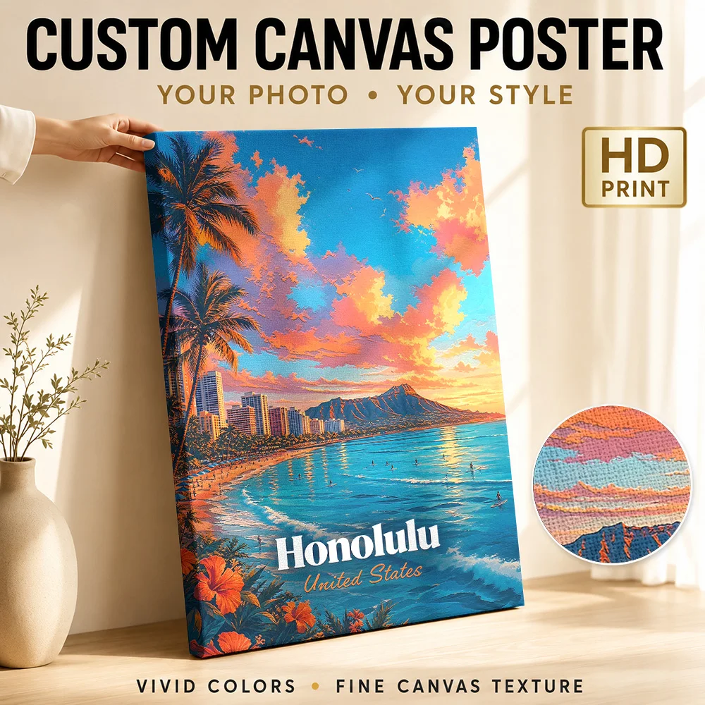 Honolulu Hawaii Sunset Travel Gallery Wrapped Canvas Print Customized Photo Retro Destination Design Wall Art For Living Room