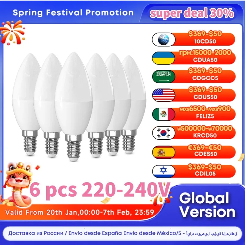 6pack E14 LED candle Bulb AC220-240V LED light Indoor Warm White Cold White Candle lamp 5W 6500K/3000K C37 For Home Decoration