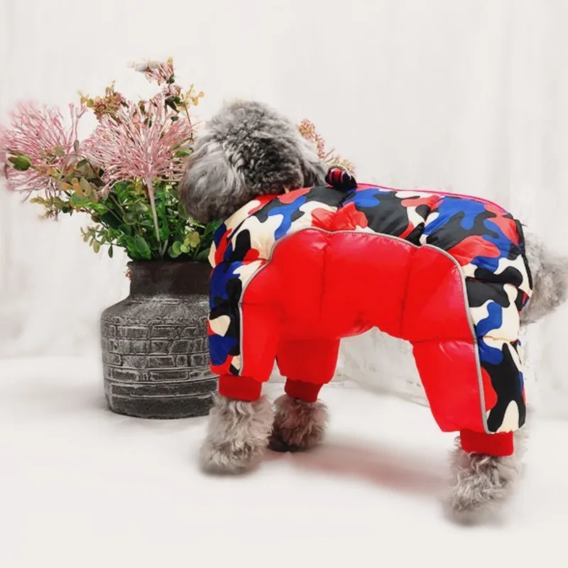 Pet Dog Clothes Cold Resistant Winter Top Thick Warm All Inclusive Down Cotton Jacket Teddy Yorkshire 4 Leg Jacket Camouflage