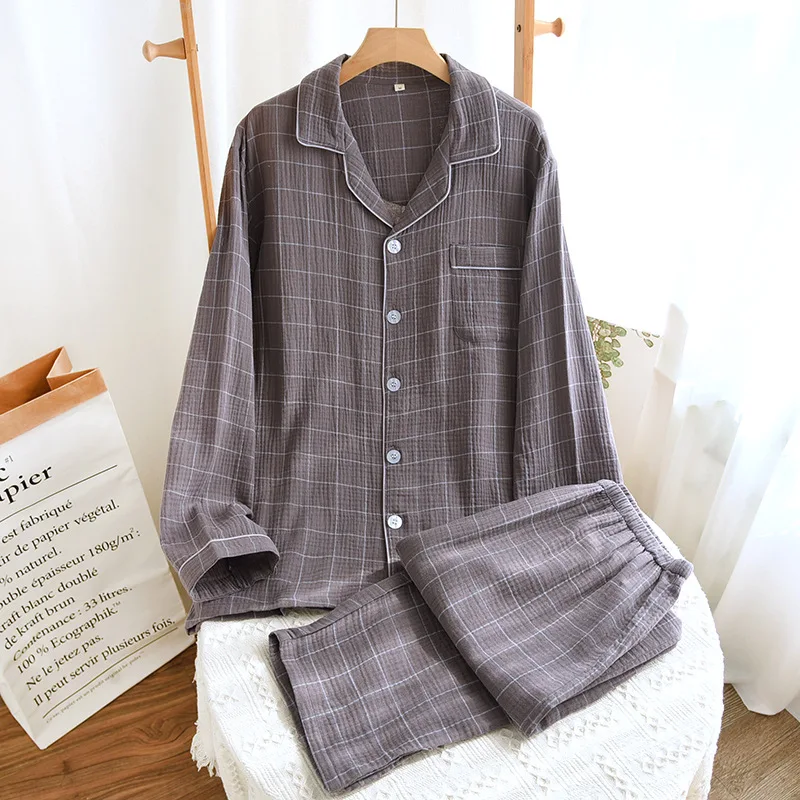 2025 Spring and Autumn New Men's Pajama Set 100%Cotton Crepe Plaid Long sleeved Pants Two Piece Set Cardigan Large Size Homewear