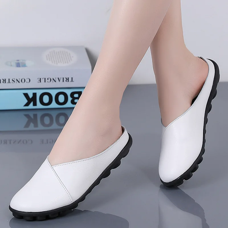 2024 New Summer Outside Genuine Leather Comfortable Round Toe Solid Casual Sewing Woman Slippers Sandals Flats Slides