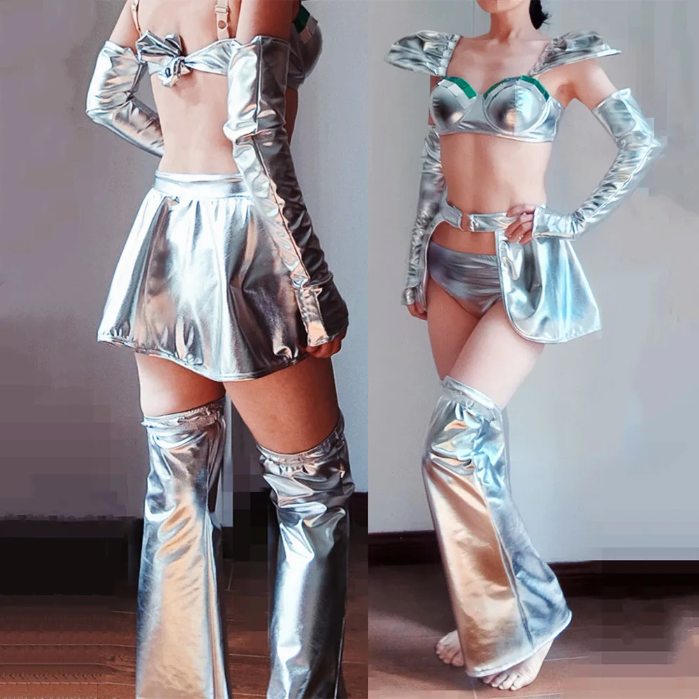 الفضة الليزر مرآة بيكيني تنورة صغيرة الرقص الزي مثير المرأة راقصة المغني ملهى ليلي مرحلة الأداء زي نادي حفلة الهذيان