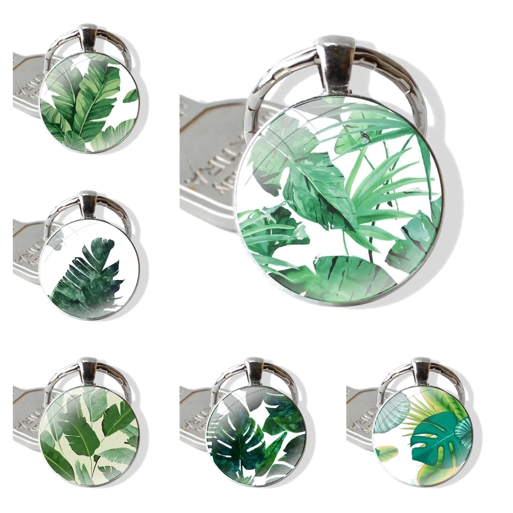 Fashion Cartoon Creative Design Plantain Banana Leaf Plants Keychain Handmade Glass Cabochon Key Ring Holder Pendant Key Chains