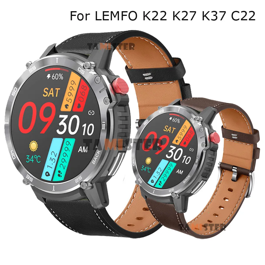 Leather Strap For LEMFO C22 PRO Replacement Bracelet For LEMFO K22 K37 K27 C20 K56 PRO LEM56 DM50 Smart Watch Band Correa 22mm