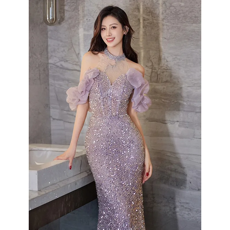 

Women's Halter New Light Luxury Minority Banquet Host Toast Dress Purple Fishtail Skirt