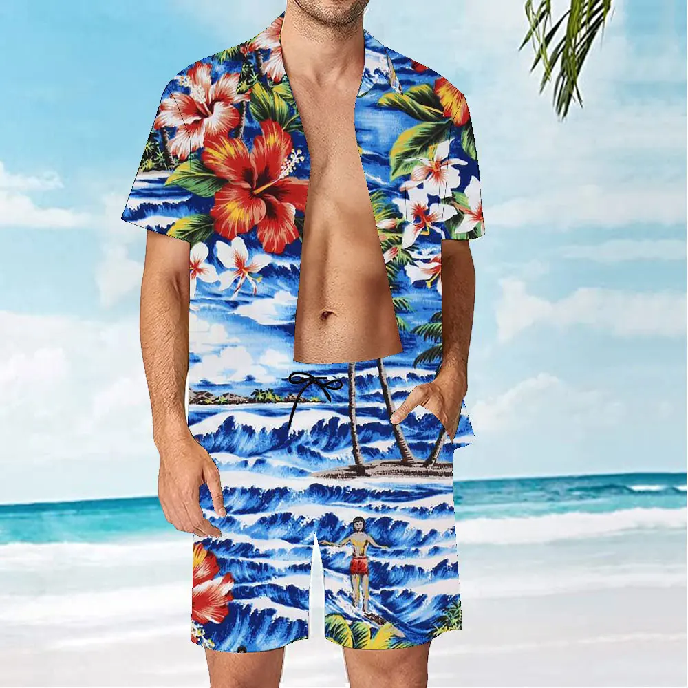 

New Men's Hawaiian Shirts Sea Waves Printed Vacation Loose Short Sleeve Blue Aloha Tops US Size Casual Summer Clothing