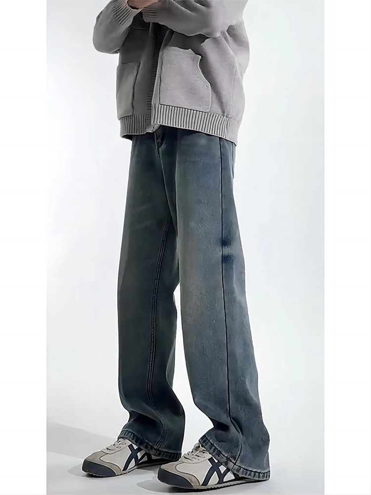 

Retro Blue Fce Lined Loose Fit Straight Leg Men's Jeans American High Street Autumn Winter Sle Cleanfit Distred Denim