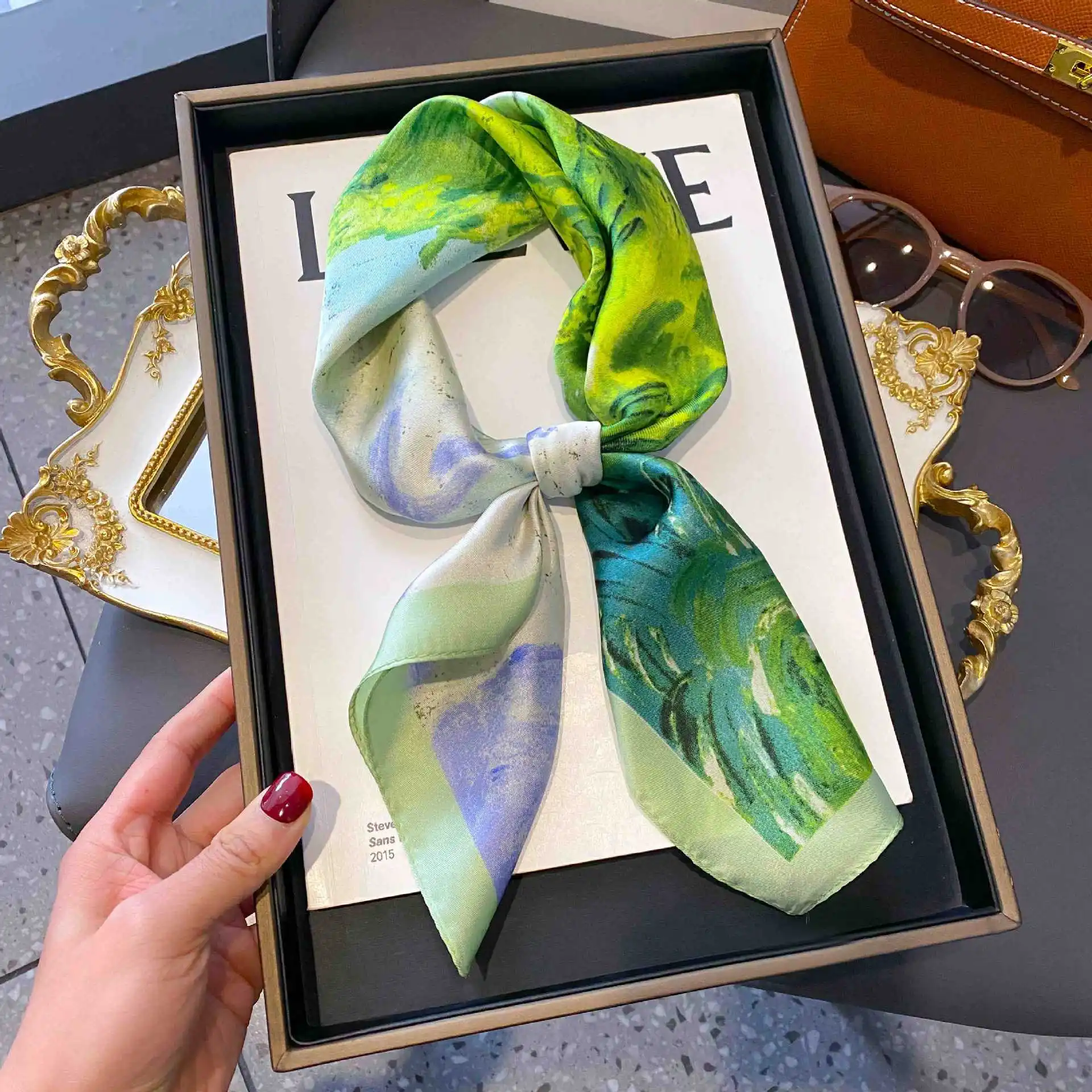 Women New 70x70cm Small Square Scarves Retro French Advanced Korean Printed Professional Simulated Silk Scarf Party Gift