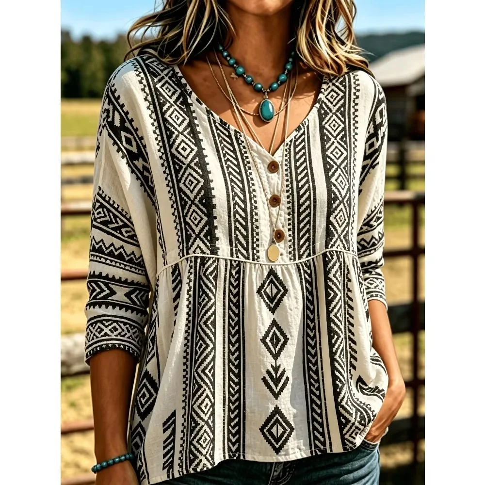Women Patchwork Floral V Neck Ruffle Long Sleeve Blouse, Cottagecore Vacation Casual Shirt Flowy Soft Breathable Flattering