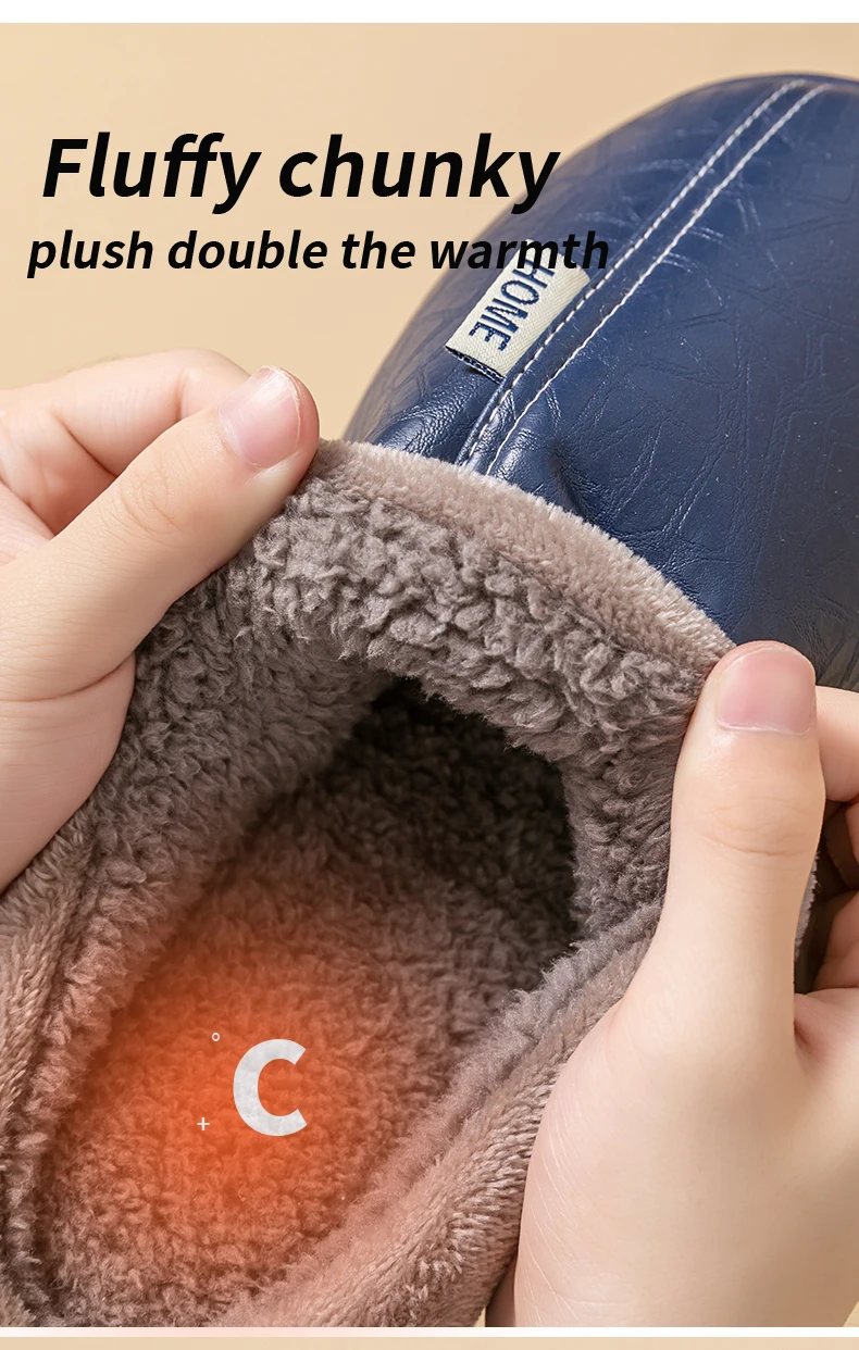 Herren Winter PU-Leder Wasserdichte Geschlossene Warme Hausschuhe, Slip-On mit Dickem Plüschfutter, Rutschfeste Weiche Sohle, Gemütliche Hausschuhe – Detail 9