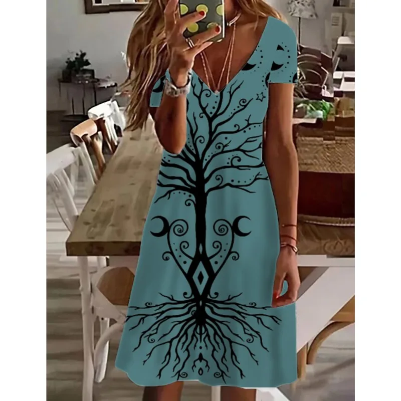 Women's Sundress Midi Dress Short Sleeve Floral Print Summer Casual V Neck Loose Dresses 2024 Female Clothing Vestidos