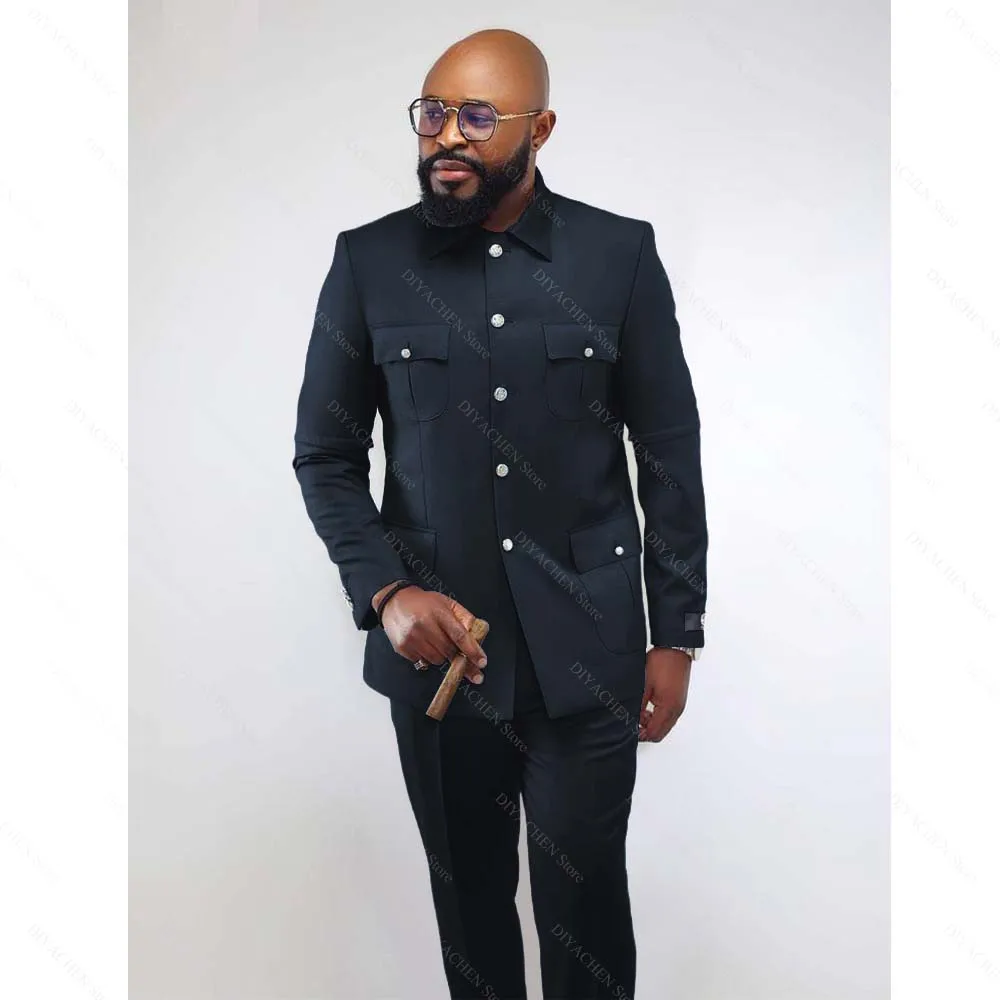 Chic Stand Collar Men Suits Slim Single Breasted Smart Casual Outfits Wedding Party Tuxedo Two Piece Solid Color Male Suit